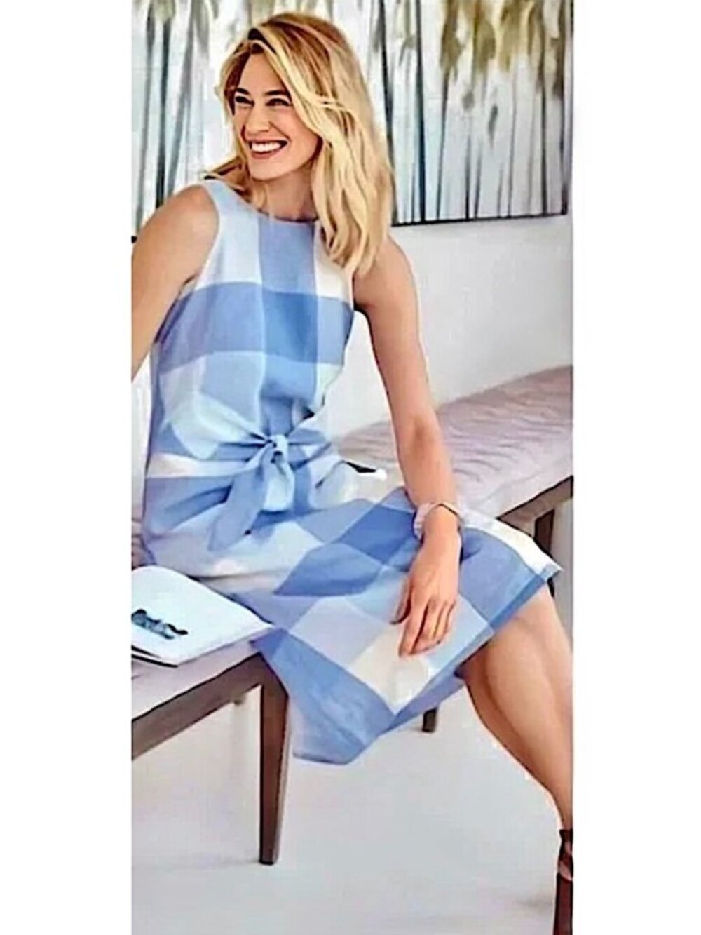 J JILL Love Linen Buffalo Check Tie Waist Linen Dress Size SP Gingham Blue